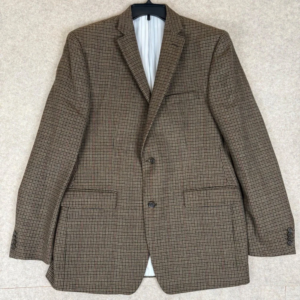 Alan Flusser Sport Coat 42L Lambswool Houndstooth Brown Blazer 2-Button Jacket